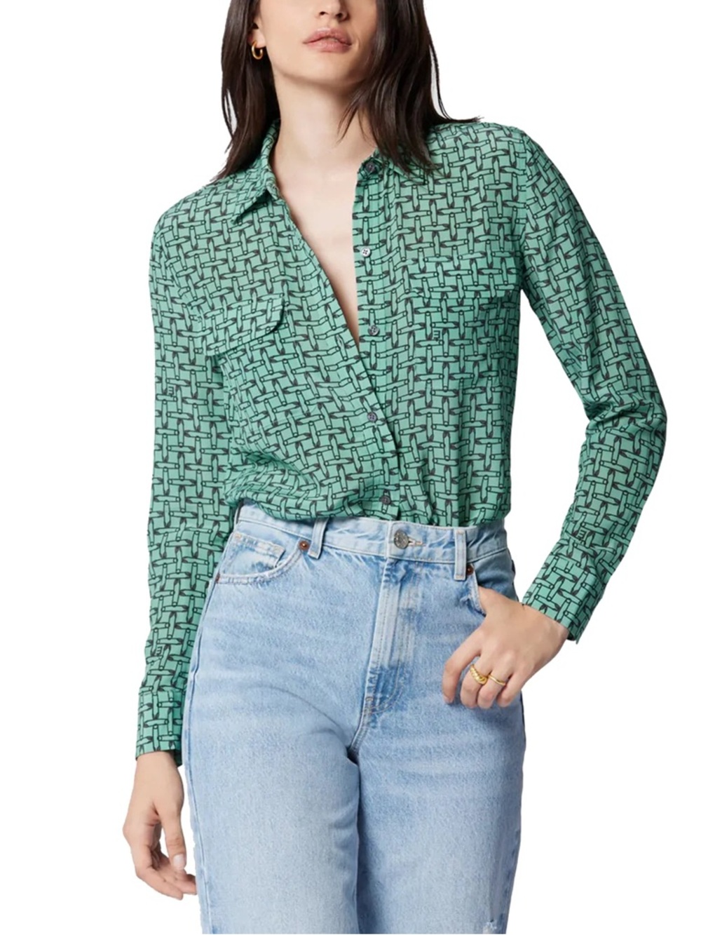 Equipment- silk  slim fit-safety pin print Green Crème de Menthe blouse